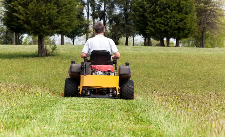 man on zero turn lawn mower on turf