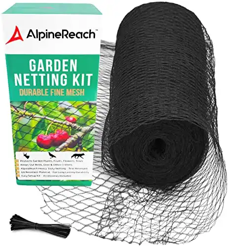 AlpineReach Garden Netting Heavy Duty Plant Protection 7.5 x 65 ft Extra Strong Woven Mesh Net for Birds Deer Animals, Reusable Kit with Zip Ties, Fencing