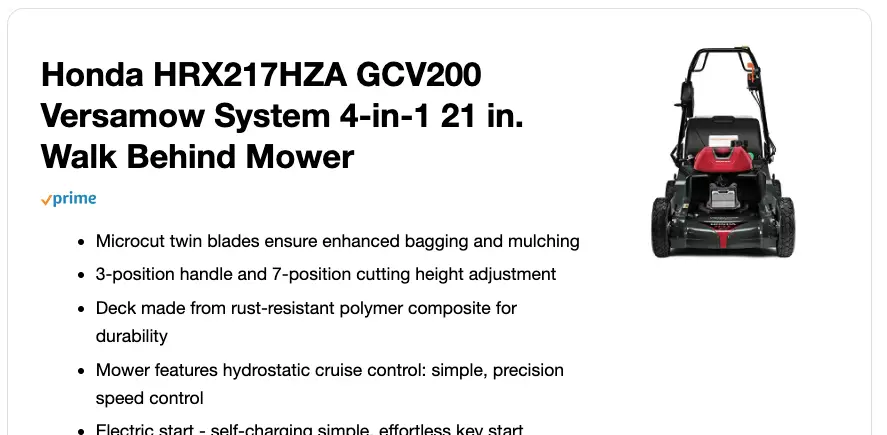 Honda HRX217HZA GCV200 Versamow System